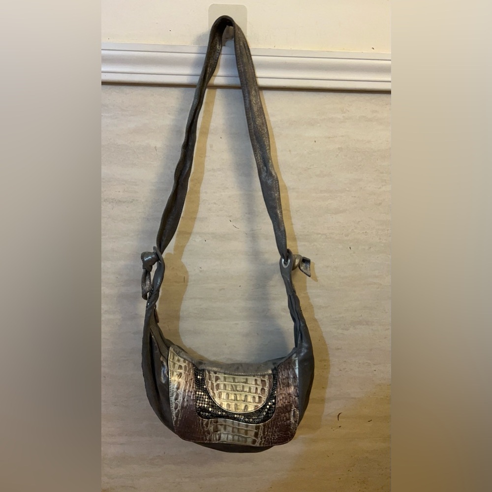 Treesje Metallic Leather Silver Croc-Texture Shoulder Bag with Sequin Trim - Picture 15 of 15